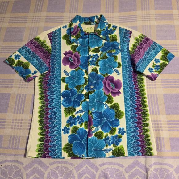 Ui Maikai Vintage Hawaiian Shirt Cotton Barkcloth Psychedelic Floral Flowers